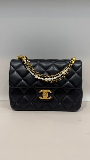 Pre-Owned/ Preloved/ Second Hand Chanel Pearl Chain Top Handle Mini Square Classic Flap, Bag in Black, Gold Hardware Color, Small (slightly bigger than usual mini square) Size, Front View