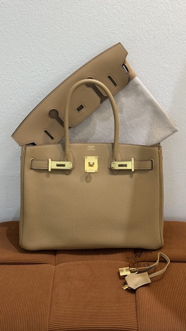 Pre-Owned/ Preloved/ Second Hand Hermes Birkin 30 Three In One 3-en-1 Togo, Bag in Biscuit, Gold Hardware Color, 30 Size, Front View