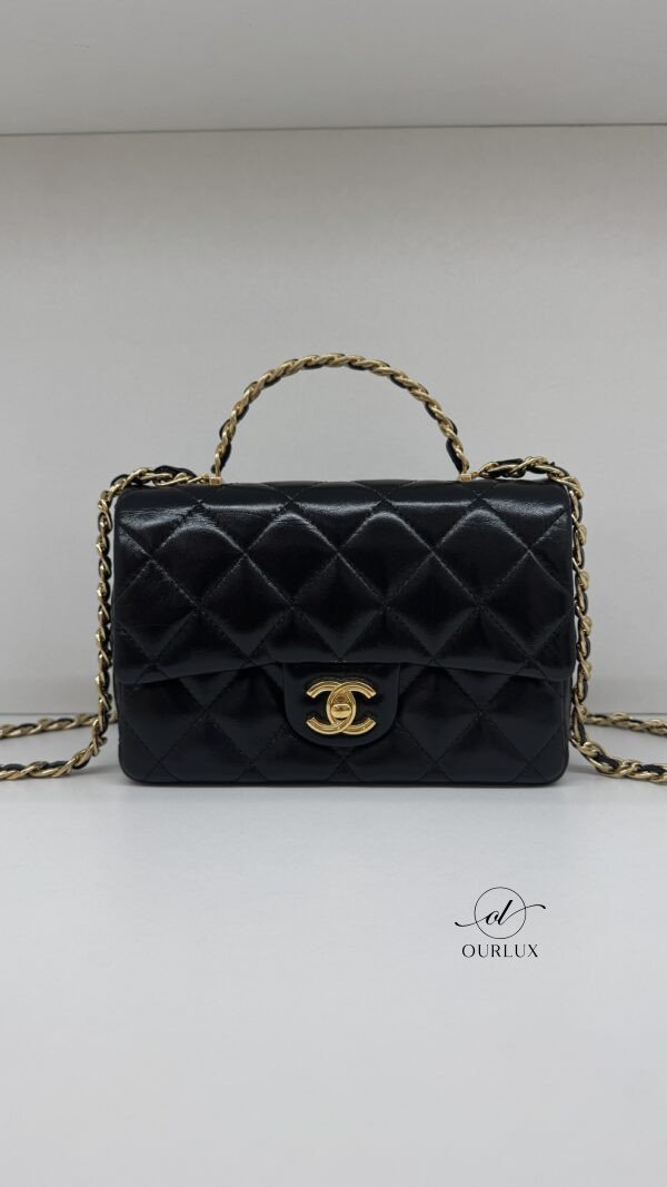 Pre-Owned/ Preloved/ Second Hand Chanel Top Handle Flap (Glazed Calfskin Leather), Bag in Black, Gold Hardware Color,  Size, Front View