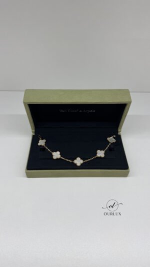 Pre-Owned/ Preloved/ Second Hand Van Cleef & Arpels (VCA) Mother of Pearl 5 Motif Alhambra Bracelet, Bracelet in Yellow Gold, White MOP Color, 19cm Size, Front View