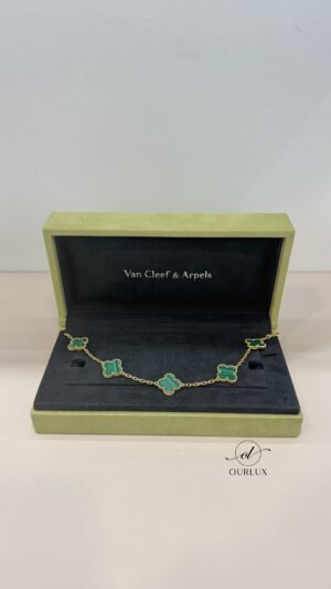 Pre-Owned/ Preloved/ Second Hand Van Cleef & Arpels (VCA) Malachite 5 Motif Alhambra Bracelet, Bracelet in Malachite (Green), Yellow Gold Color,  Size, Front View