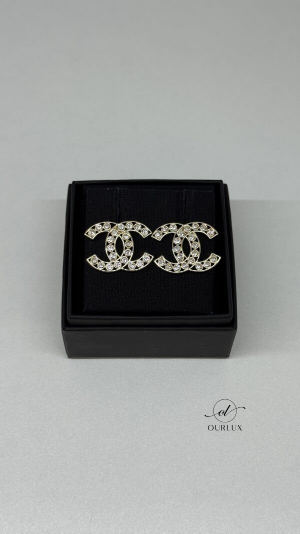 Pre-Owned/ Preloved/ Second Hand Chanel Large CC Crystal Earrings Costume Jewellery, Earring in Light Gold Hardware Color,  Size, Front View