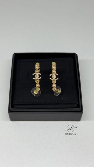 Pre-Owned/ Preloved/ Second Hand Chanel Beaded Hoop CC Earrings, Earring in Gold Hardware Color,  Size, Front View