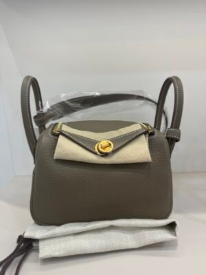 Pre-Owned/ Preloved/ Second Hand Hermes Mini Lindy II Clemence Etoupe, Bag in Etoupe, Gold Hardware Color, Mini Size, Front View