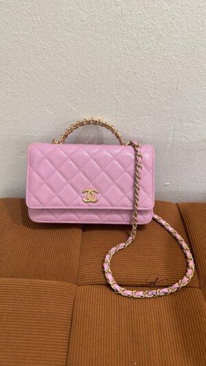 Pre-Owned/ Preloved/ Second Hand Chanel Caviar Top Handle Wallet On Chain, Bag in Pink, Gold Hardware Color,  Size, Front View