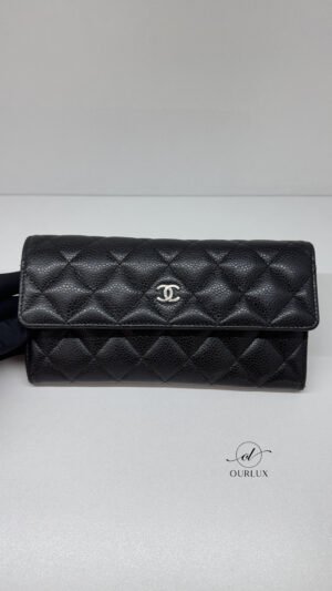 Pre-Owned/ Preloved/ Second Hand Chanel Classic Long Wallet Caviar, Others in Black, Silver Hardware Color,  Size, Front View