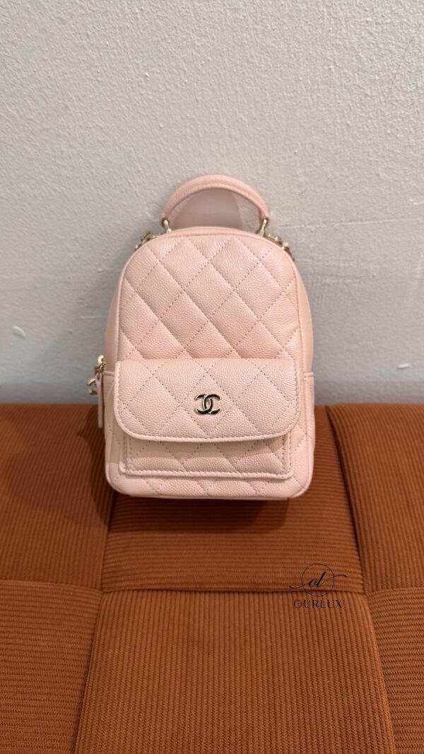 Pre-Owned/ Preloved/ Second Hand Chanel Mini Backpack 24P, Bag in Baby Pink, Gold Hardware Color, 13 x 17 x 7cm Size, Front View