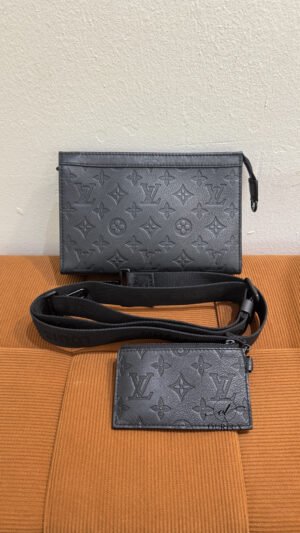 Pre-Owned/ Preloved/ Second Hand Louis Vuitton (LV) Gaston wearable clutch crossbody bag monogram shadow cowhide leather, Bag in Black Color,  Size, Front View