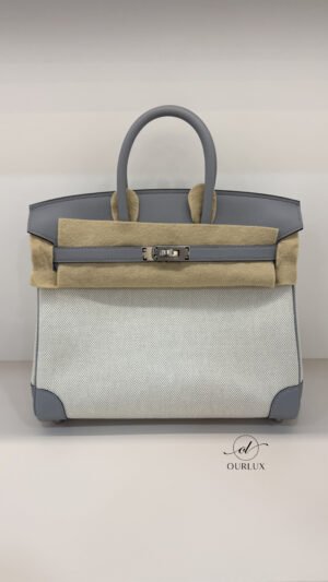 Pre-Owned/ Preloved/ Second Hand Hermes Birkin 25 Canvas Swift (K stamp), Bag in Gris Patin, Palladium Hardware Color, 25 Size, Front View