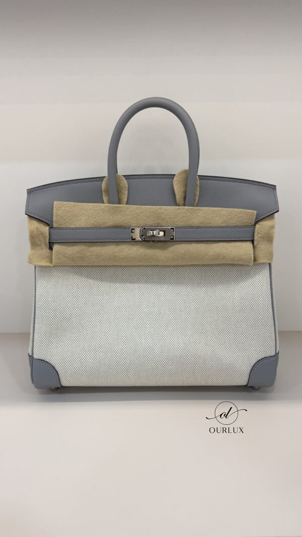 Pre-Owned/ Preloved/ Second Hand Hermes Birkin 25 Canvas Swift (K stamp), Bag in Gris Patin, Palladium Hardware Color, 25 Size, Front View