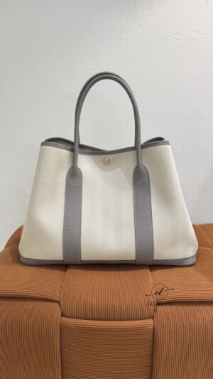 Pre-Owned/ Preloved/ Second Hand Hermes Garden Party 36 Canvas, Bag in Gris Misty, Ecru Color, 36 Size, Front View
