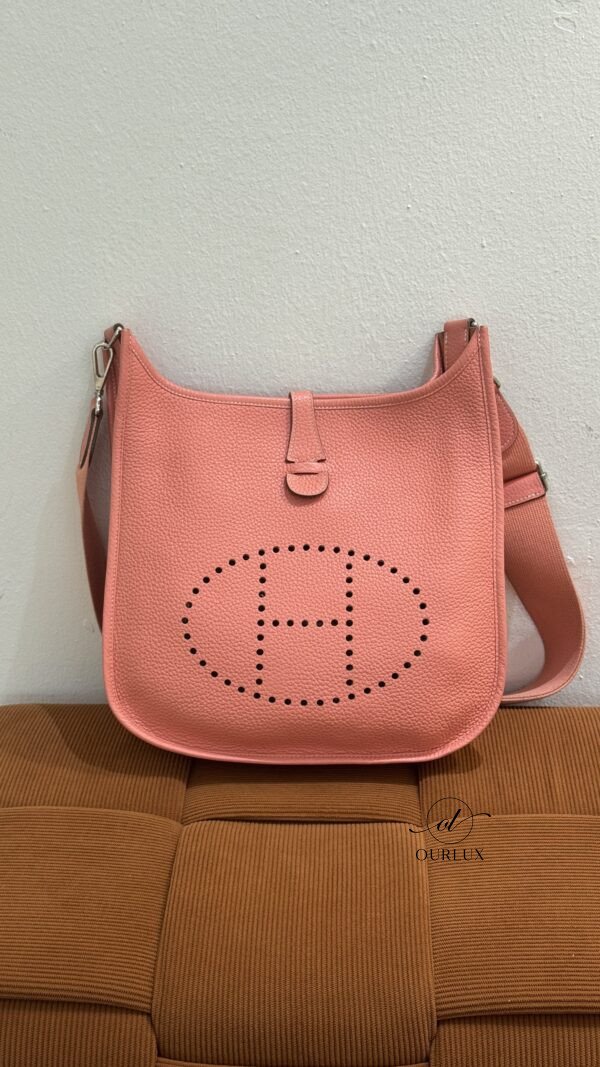 Pre-Owned/ Preloved/ Second Hand Hermes Evelyne 29 Clemence, Bag in Crevette (Rose Pink), Palladium Hardware Color, 29 x 30 x 9 cm Size, Front View