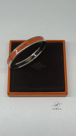 Pre-Owned/ Preloved/ Second Hand Hermes Uni Bangle, Bracelet in Orange, Palladium (Silver) Hardware Color, 65 (20.4cm Circumference) Size, Front View