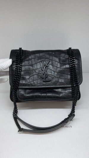 Pre-Owned/ Preloved/ Second Hand Saint Laurent (YSL) Niki Baby Croc Pattern, Bag in Black, Black Hardware Color, Baby Size, Front View