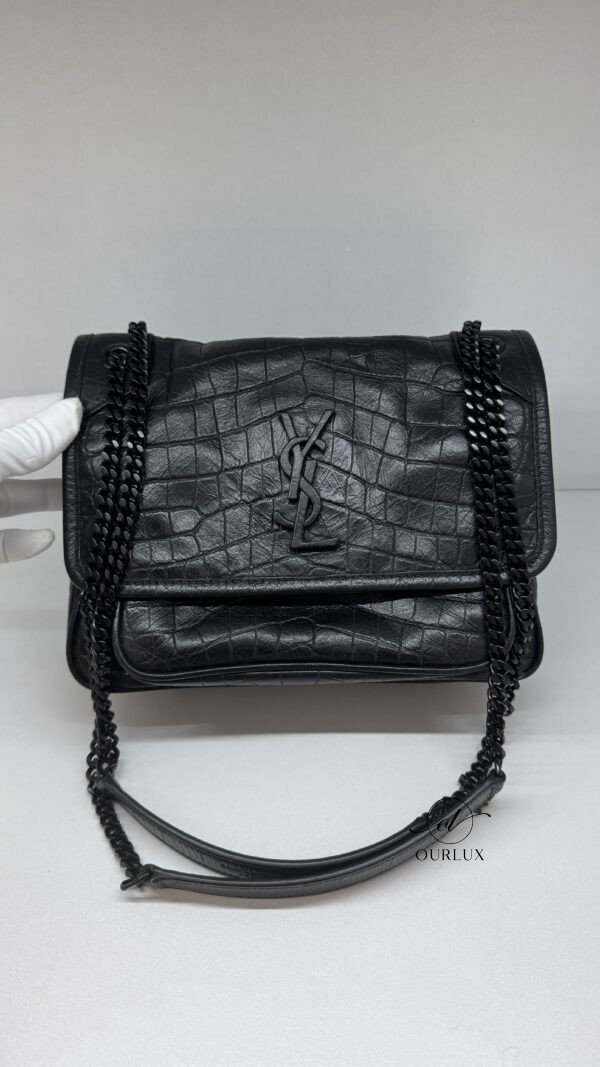 Pre-Owned/ Preloved/ Second Hand Saint Laurent (YSL) Niki Baby Croc Pattern, Bag in Black, Black Hardware Color, Baby Size, Front View
