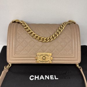 B202401003-Chanel-Boy-Bag-Series-27 Pre-Owned/ Pre-Loved/ Second-Hand Chanel Old Medium Boy Bag, Bag in Brown Caramel Beige Color, Old Medium Size, Front View