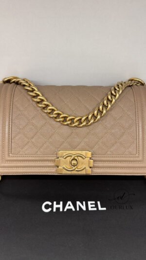 Pre-Owned/ Pre-Loved/ Second-Hand Chanel Boy Bag, Series 27, Bag in Brown Caramel Beige Color, Old Medium Size, Front View