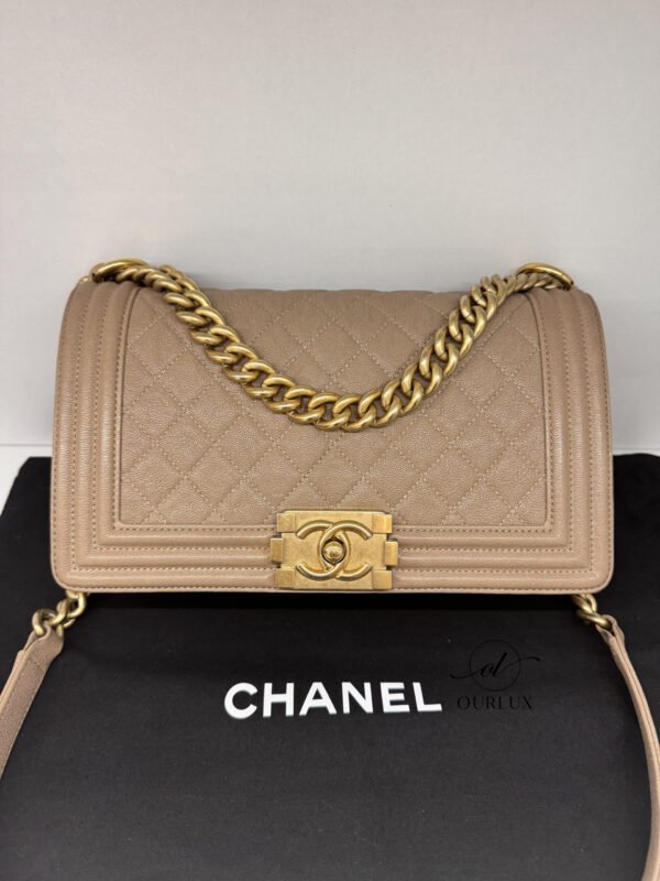 Pre-Owned/ Pre-Loved/ Second-Hand Chanel Boy Bag, Series 27, Bag in Brown Caramel Beige Color, Old Medium Size, Front View