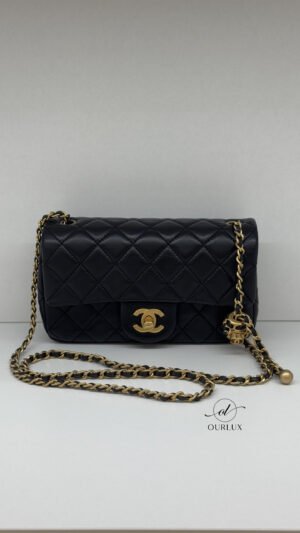 Pre-Owned/ Pre-Loved/ Second-Hand Chanel Pearl Crush Mini Rectangle, Bag in Black, Gold Hardware Color, Mini Size, Front View