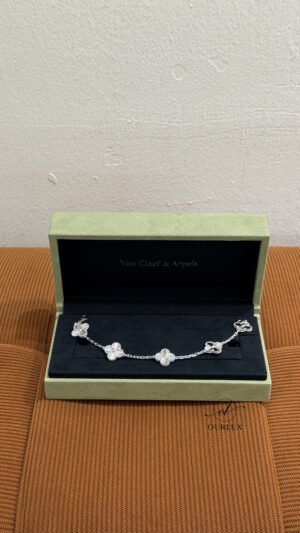 Pre-Owned/ Preloved/ Second Hand Van Cleef & Arpels (VCA) Guilloche 5 Motif Alhambra Bracelet, Bracelet in White Gold Color, 19cm Size, Front View