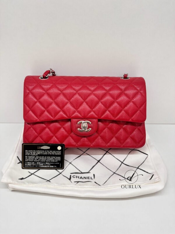 Pre-Owned/ Pre-Loved/ Second-Hand Chanel Chanel Classic Flap Caviar, Bag in Red Color, Medium Size, Front View
