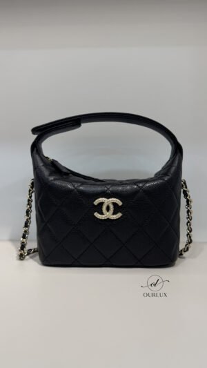 Pre-Owned/ Preloved/ Second Hand Chanel 25A Hobo Vanity Top Handle (Detachable Strap), Bag in Black, Gold Hardware Color, 16 x 11 x 6.5 cm Size, Front View