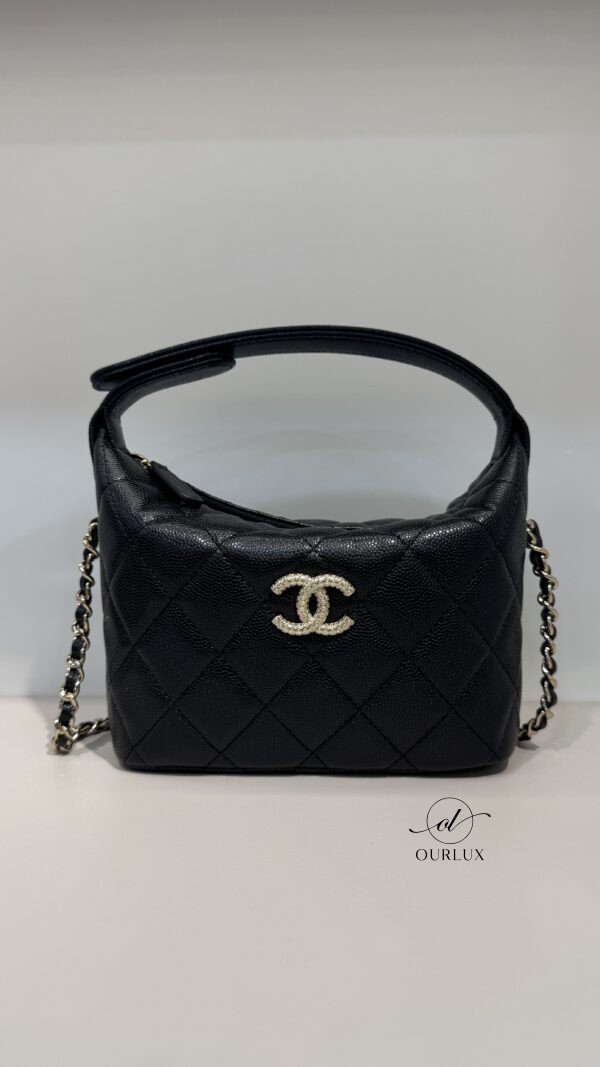 Pre-Owned/ Preloved/ Second Hand Chanel 25A Hobo Vanity Top Handle (Detachable Strap), Bag in Black, Gold Hardware Color, 16 x 11 x 6.5 cm Size, Front View