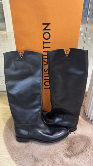 Pre-Owned/ Preloved/ Second Hand Louis Vuitton (LV) LV High Long Leather Boots With Logo, Others in Black, Gold Hardware Color, 41 Size, Front View