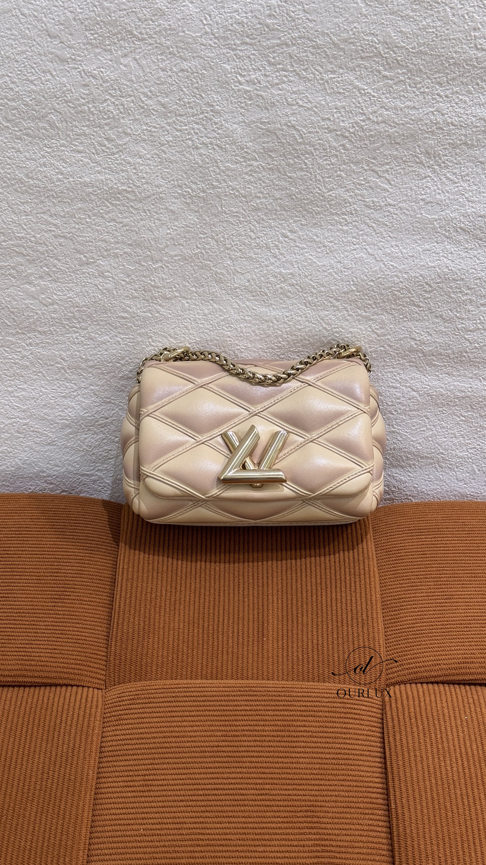 Pre-Owned/ Preloved/ Second Hand Louis Vuitton (LV) Pico Go 14 Mini LV Twist , Bag in Beige & Purple, Gold Hardware Color, 15 x 10 x 6.5 cm Size, Front View