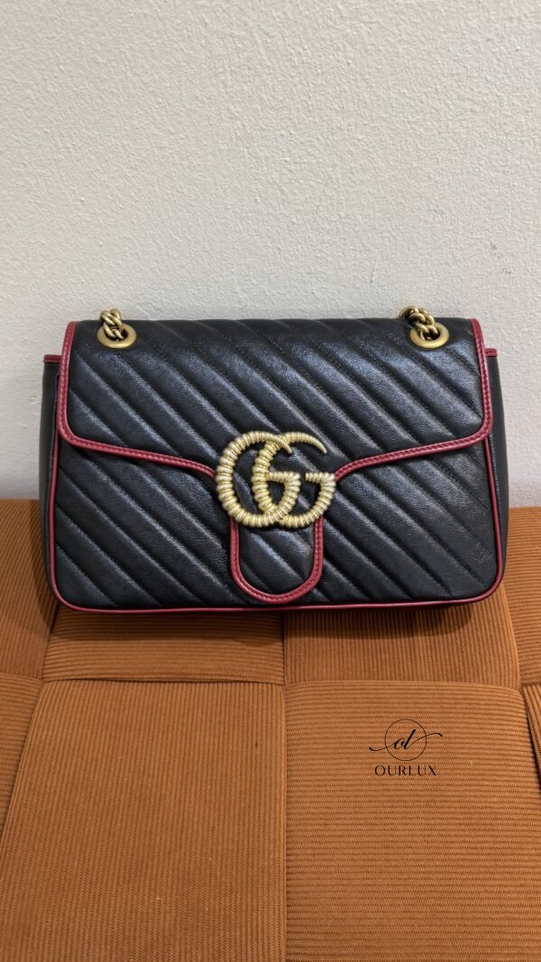 Pre-Owned/ Preloved/ Second Hand Gucci Marmont Large, Bag in Black, Red Trim, Gold Hardware Color, 30 X 18 X 7 cm Size, Front View