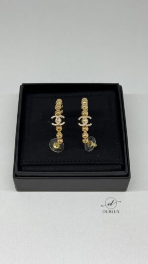 Pre-Owned/ Pre-Loved/ Second-Hand Chanel Beaded Hoop CC Earrings, Earring in Gold Hardware Color,  Size, Front View