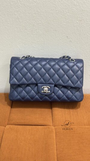 Pre-Owned/ Pre-Loved/ Second-Hand Chanel Medium Classic Flap Cavair, Bag in Dark Blue, Silver Hardware Color, Medium Size, Front View