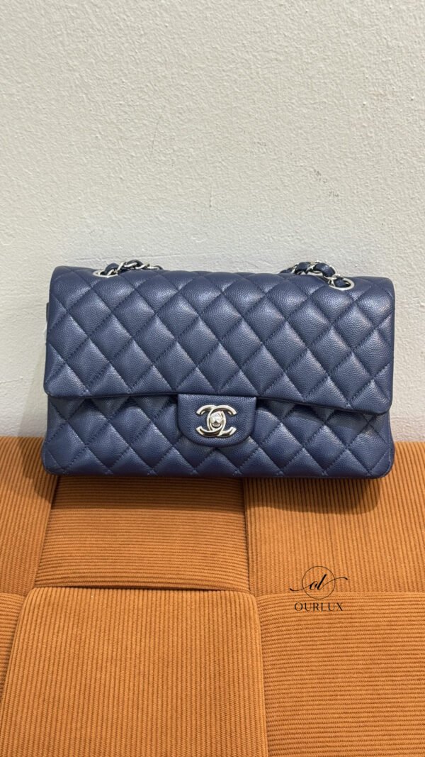 Pre-Owned/ Pre-Loved/ Second-Hand Chanel Medium Classic Flap Cavair, Bag in Dark Blue, Silver Hardware Color, Medium Size, Front View