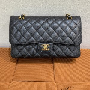 B202501403-Chanel-Medium-Classic-Flap-Cavair Pre-Owned/ Pre-Loved/ Second-Hand Chanel Medium Classic Flap Cavair, Bag in Black, Gold Hardware Color, Medium Size, Front View