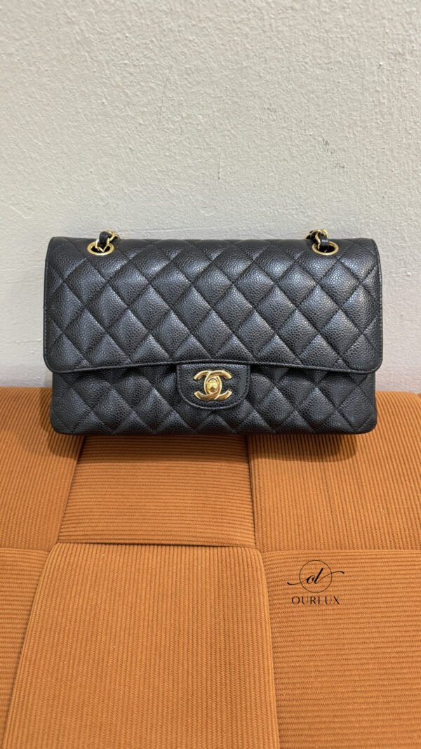 Pre-Owned/ Pre-Loved/ Second-Hand Chanel Medium Classic Flap Cavair, Bag in Black, Gold Hardware Color, Medium Size, Front View