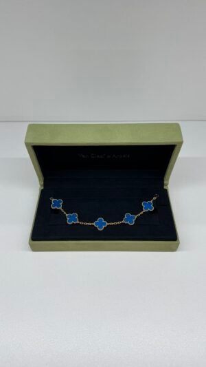Pre-Owned/ Preloved/ Second Hand Van Cleef & Arpels (VCA) Blue Agate Alhambra Bracelet, Bracelet in Blue, Yellow Gold Color, 16cm Size, Front View