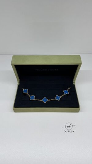 Pre-Owned/ Pre-Loved/ Second-Hand Van Cleef & Arpels (VCA) Blue Agate Alhambra Bracelet, Bracelet in Blue, Yellow Gold Color, 16cm Size, Front View