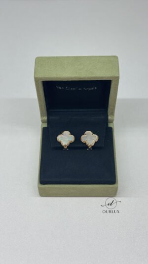 Pre-Owned/ Pre-Loved/ Second-Hand Van Cleef & Arpels (VCA) White Mother Of Pearl Earrings, Earring in White, Yellow Gold Color, Vintage Alhambra Size, Front View