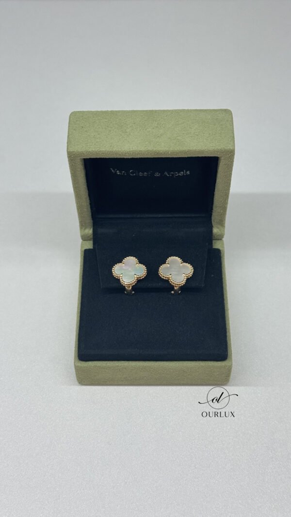 Pre-Owned/ Pre-Loved/ Second-Hand Van Cleef & Arpels (VCA) White Mother Of Pearl Earrings, Earring in White, Yellow Gold Color, Vintage Alhambra Size, Front View