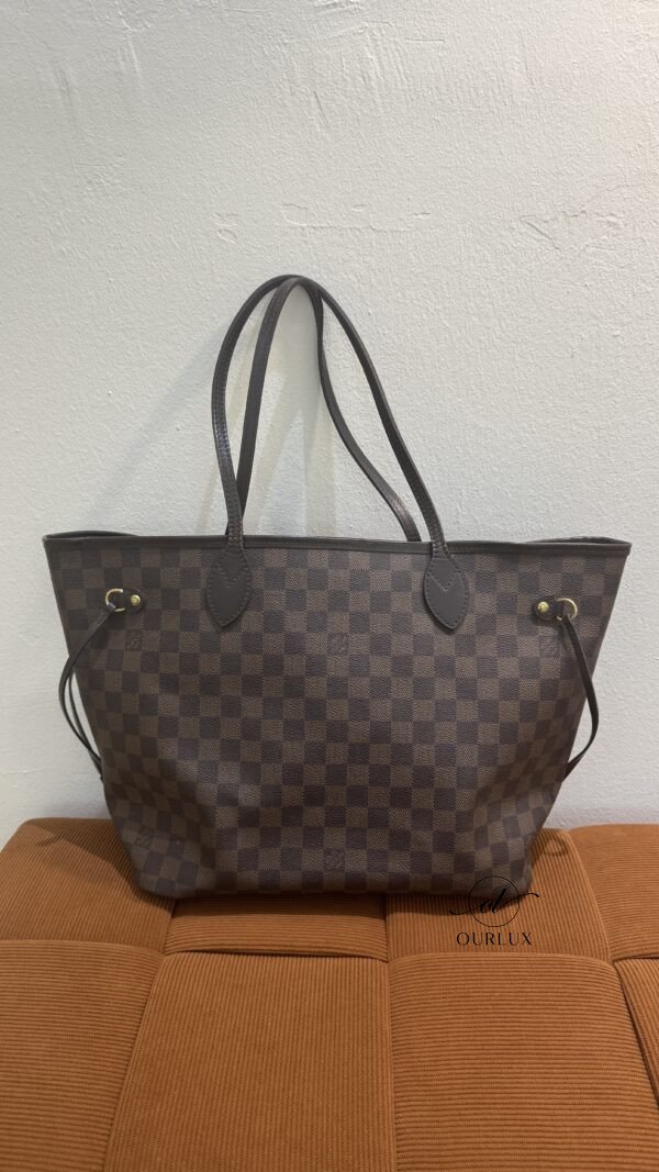 Pre-Owned/ Preloved/ Second Hand Louis Vuitton (LV) Neverfull MM Damier Ebene, Bag in Brown, Red interior Color,  Size, Front View