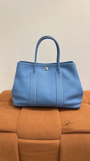 Pre-Owned/ Pre-Loved/ Second-Hand Hermes Garden Party 30 Togo, Bag in Blue, Silver Hardware Color, 30cm Size, Front View