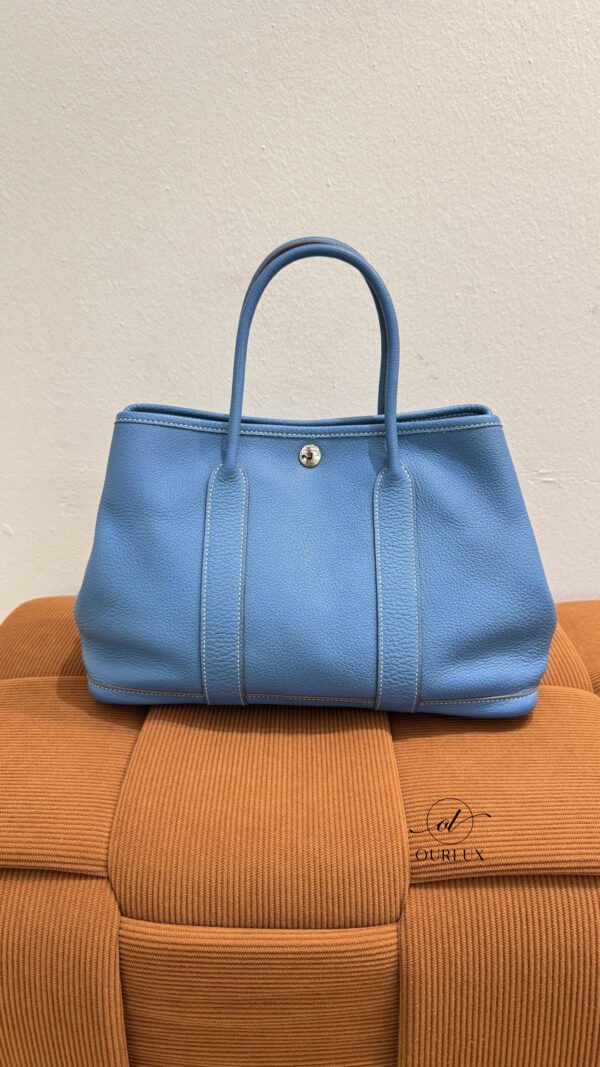 Pre-Owned/ Pre-Loved/ Second-Hand Hermes Garden Party 30 Togo, Bag in Blue, Silver Hardware Color, 30cm Size, Front View