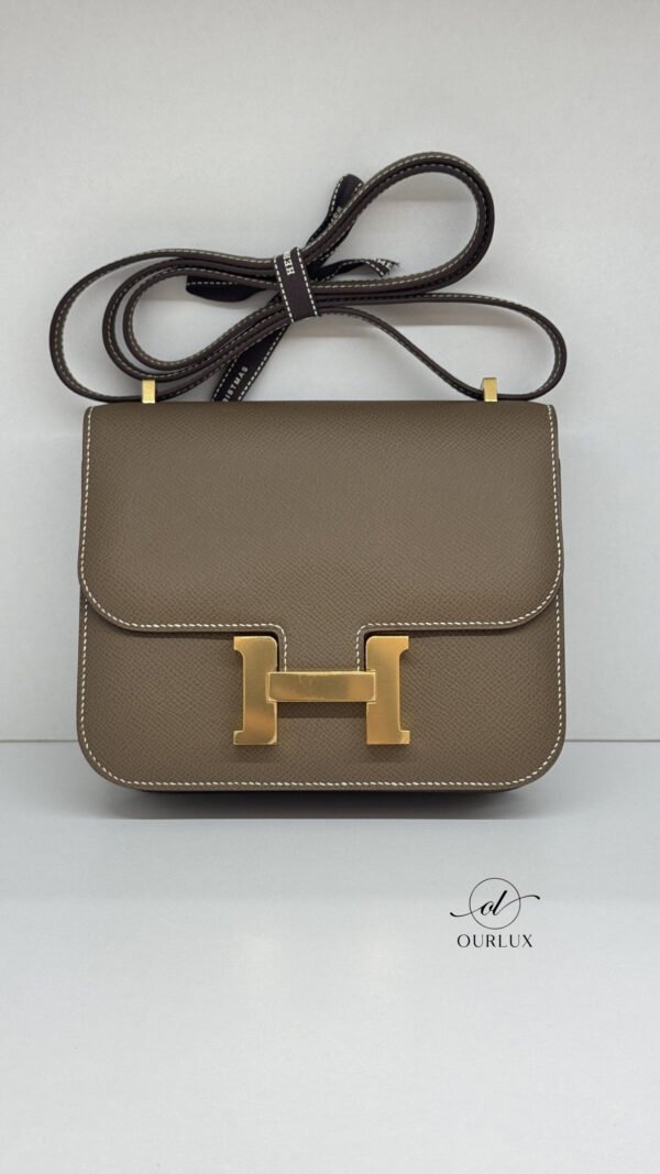 Pre-Owned/ Pre-Loved/ Second-Hand Hermes Constance 18 Mini Epsom, Bag in Etoupe, Gold Hardware Color, 18cm Size, Front View