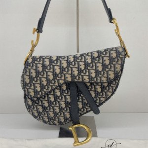 B202513128-Dior-Medium-Saddle-Bag-Oblique-Canvas Pre-Owned/ Pre-Loved/ Second-Hand Dior Medium Saddle Bag Oblique Canvas, Bag in Blue, Gold Hardware Color, Medium Size, Front View