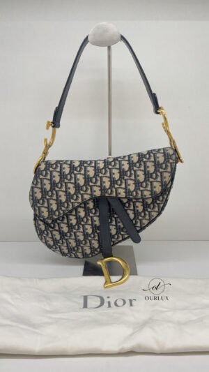 Pre-Owned/ Pre-Loved/ Second-Hand Dior Medium Saddle Bag Oblique Canvas, Bag in Blue, Gold Hardware Color, Medium Size, Front View