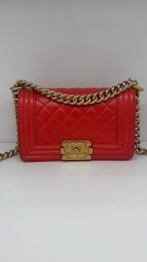Pre-Owned/ Preloved/ Second Hand Chanel Small Boy Lambskin, Bag in Red, Gold Hardware Color, Small Size, Front View