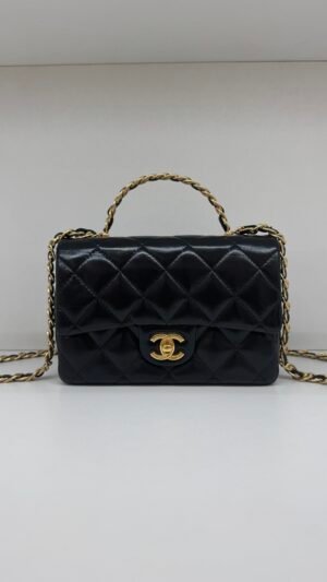 Pre-Owned/ Preloved/ Second Hand Chanel Top Handle Flap (Glazed Calfskin Leather), Bag in Black, Gold Hardware Color,  Size, Front View