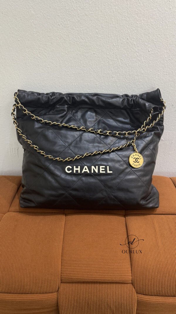 Pre-Owned/ Pre-Loved/ Second-Hand Chanel Chanel 22 Medium, Bag in Black, Gold Hardware, White Logo Color, Medium Size, Front View