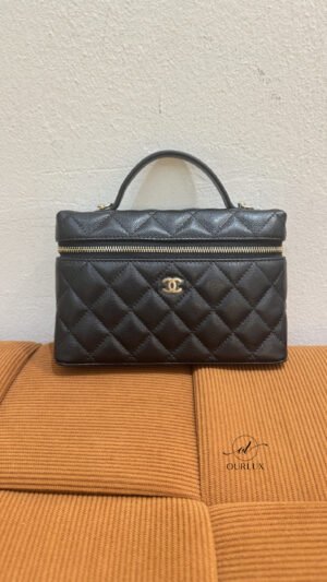 Pre-Owned/ Pre-Loved/ Second-Hand Chanel LP Top Handle Vanity On Chain Cavair, Bag in Black, Light Gold Hardware Color, Mini Size, Front View
