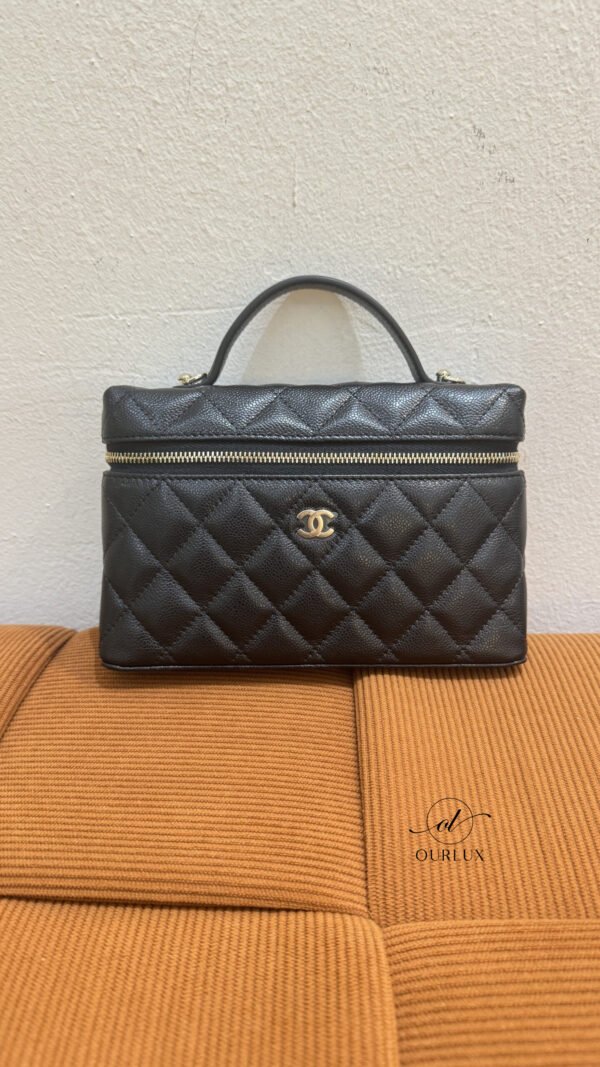 Pre-Owned/ Pre-Loved/ Second-Hand Chanel LP Top Handle Vanity On Chain Cavair, Bag in Black, Light Gold Hardware Color, Mini Size, Front View